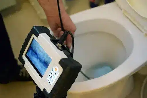 A professional plumber using camera drain equipment down a toilet to locate a clog in the drains. A drain cleaning service in Riverside, MO, using a camera.