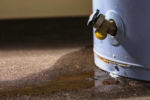 Closeup of a leaking water heater