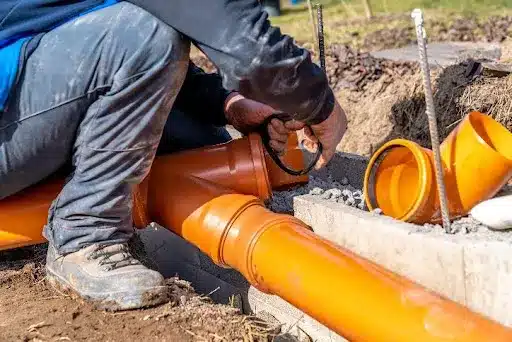 A worker lays down orange plastic pipe into the ground near a residential home in Mission, KS.