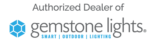 Logo featuring the text: "Authorized Dealer of Gemstone Lights. Smart | Outdoor | Lighting," elegantly paired with a blue geometric icon, showcasing the brilliance of Gemstone Lights.