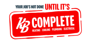 Logo with tagline: "Your Job's Not Done Until It's KB Complete." Red background, white text. Highlighting service areas: heating, cooling, plumbing, and electrical.