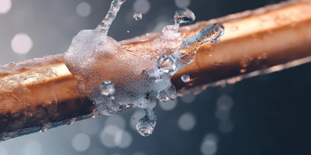 Close-up of a frozen copper pipe with ice forming around it, set against a blurred background.