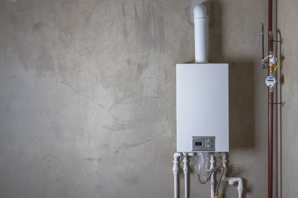 A white wall-mounted water heater with pipes and a control panel is installed against a plain concrete wall.