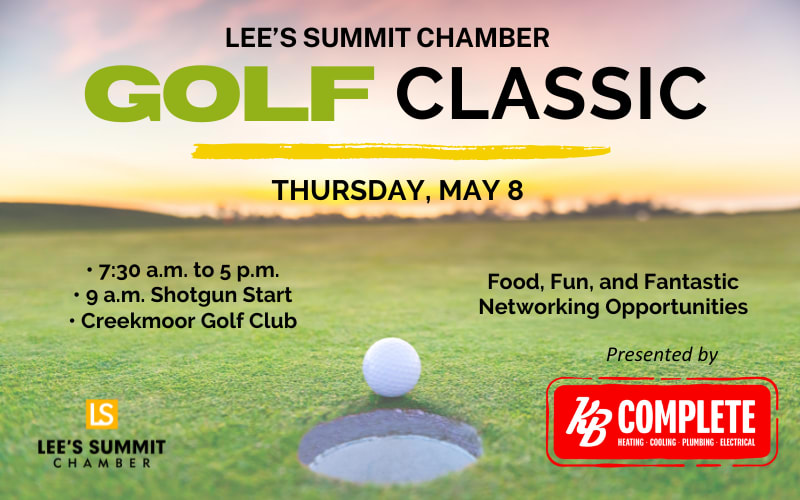 Promotional image for Lee’s Summit Chamber Golf Classic on May 8 at Creekmoor Golf Club, featuring event details and sponsor KB Complete’s logo.